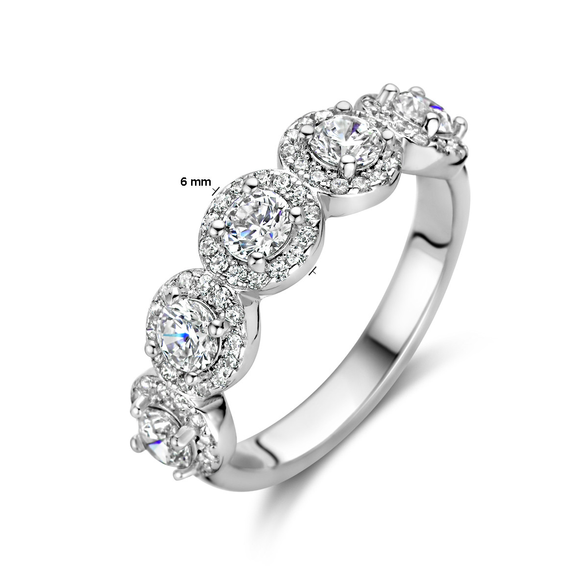 Zilveren vintage stijl ring met vijf rondjes halo gezette zirkonia's 6 mm breed