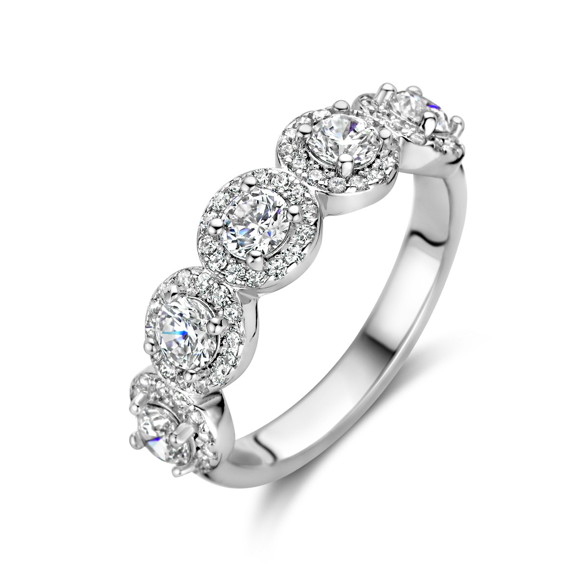 Zilveren vintage stijl ring met vijf rondjes halo gezette zirkonia's 6 mm breed