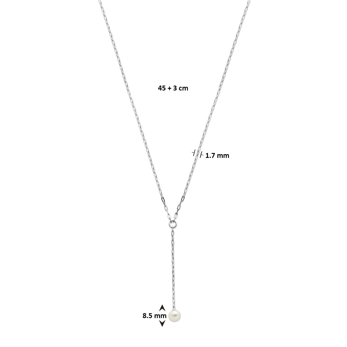 Zilveren y-collier met witte zoetwaterparel - Lengte 45 t/m 48 cm