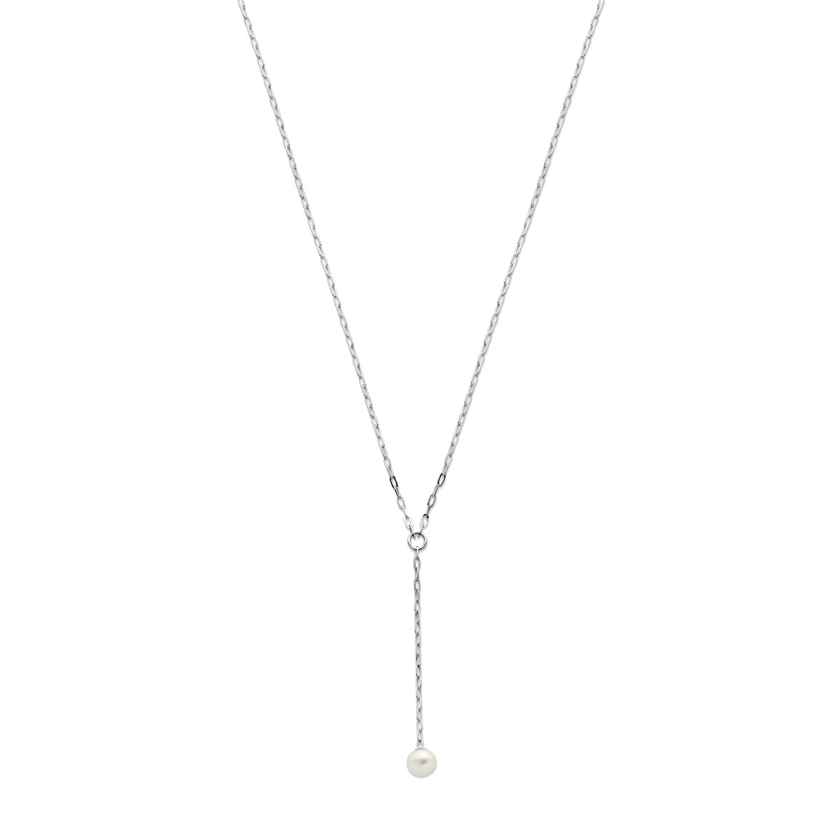 Zilveren y-collier met witte zoetwaterparel - Lengte 45 t/m 48 cm