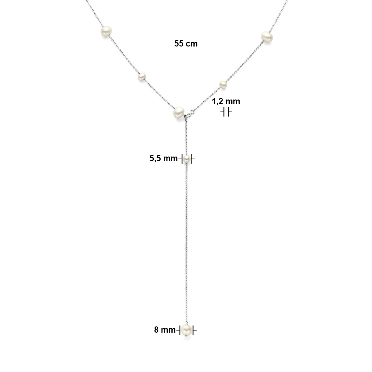 Zilveren y-ketting met witte parels - Lengte 55 cm