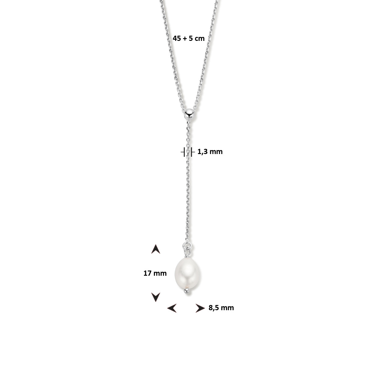 Zilveren Y-ketting met zoetwaterparel hanger en glanzende afwerking - Lengte 45-50 cm