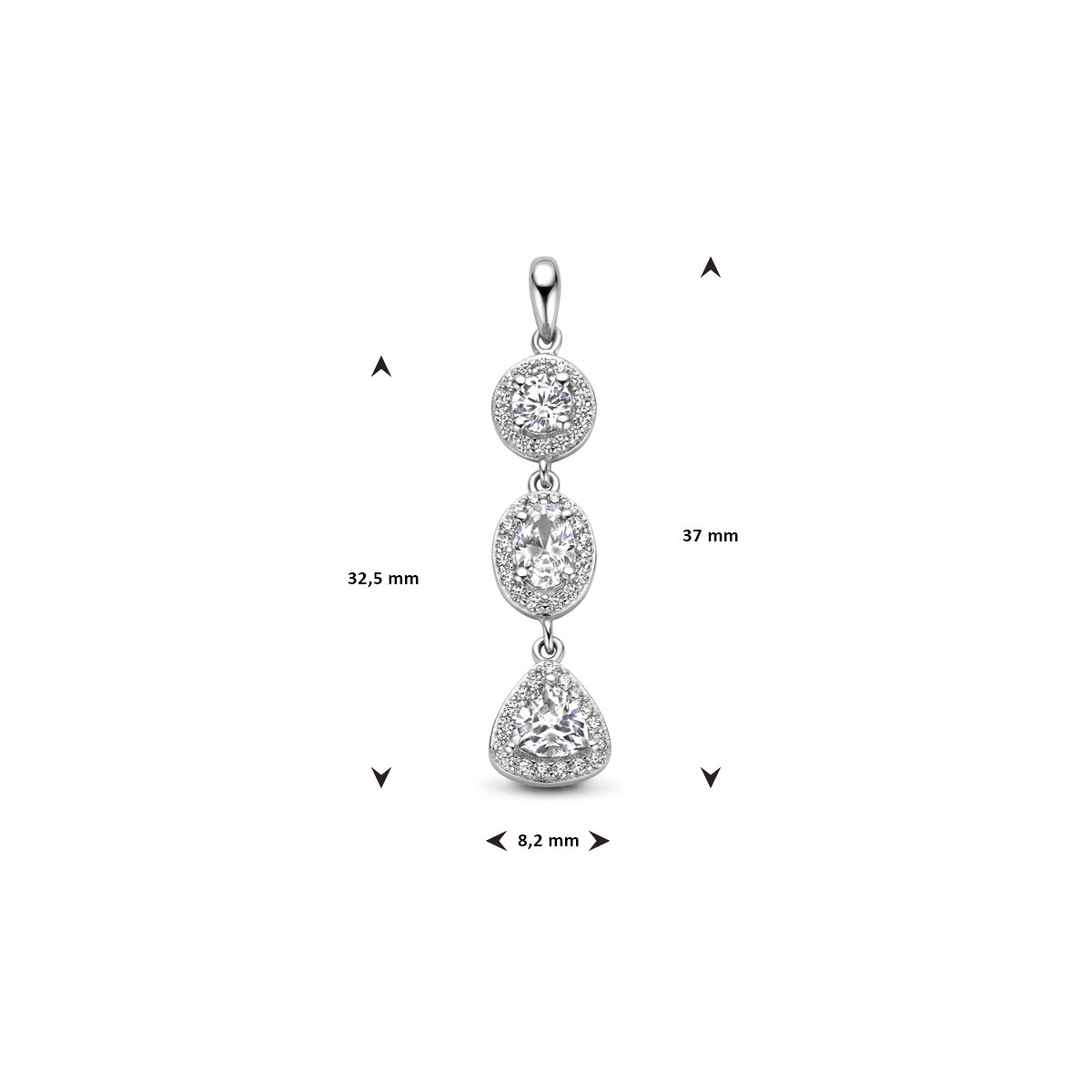 Zilveren zirkonia halo hanger met rondjes en ovalen - 8.2 mm x 37 mm