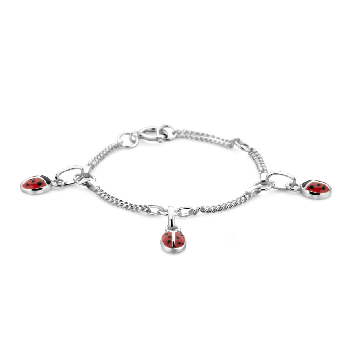 Zilverkleurige kinderarmband met rood-zwarte emaille lieveheersbeestjes 5 mm breed