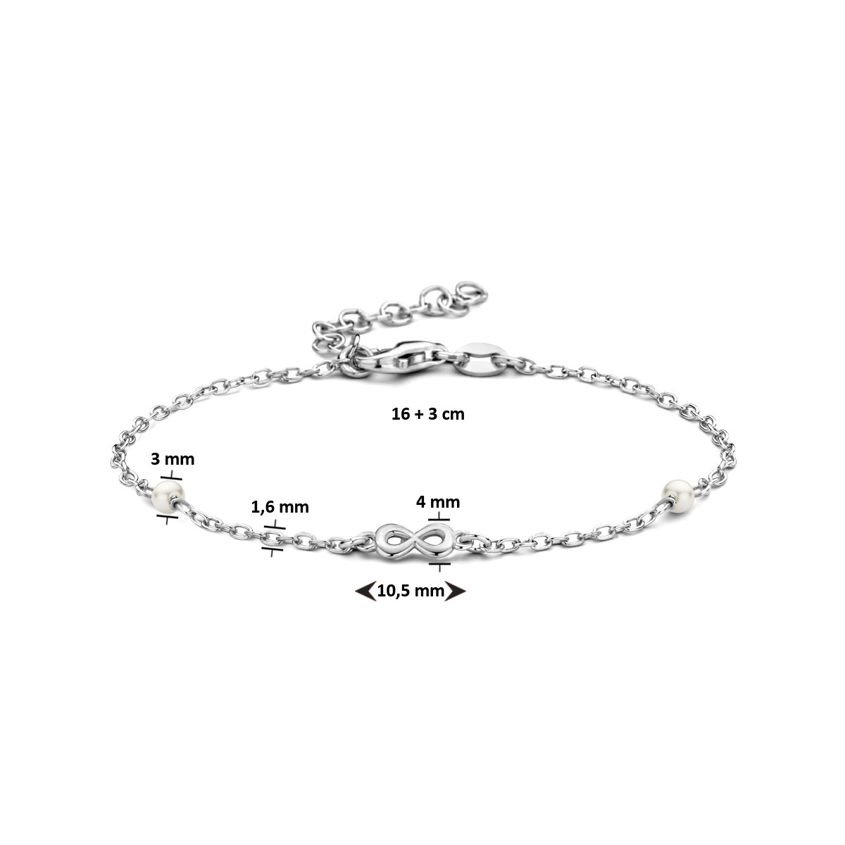 Zilvern armband met infinity teken en synth. parels - Lengte 16 + 3 cm