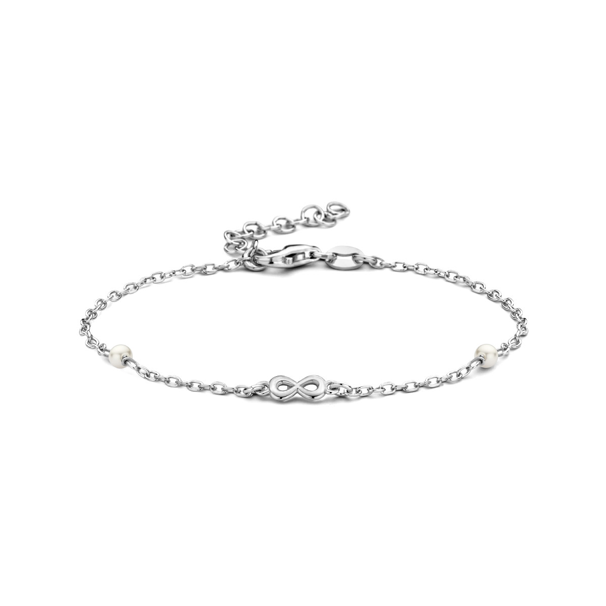 Zilvern armband met infinity teken en synth. parels - Lengte 16 + 3 cm