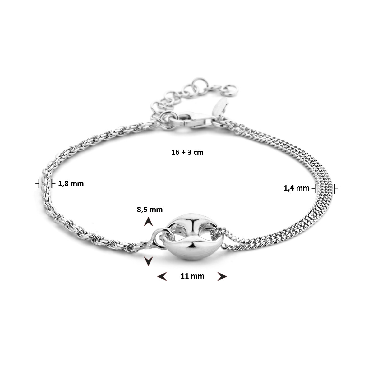 Zlveren schakelarmband met koffieboontje 1.8 mm - Lengte 16 + 3 cm