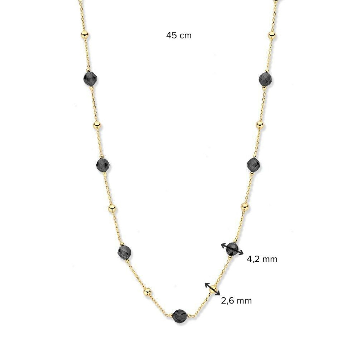 Zwart collier van zirkonia en 14-karaat gouden bolletjes - Lengte 45 cm