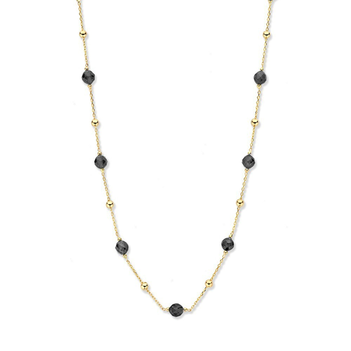 Zwart collier van zirkonia en 14-karaat gouden bolletjes - Lengte 45 cm
