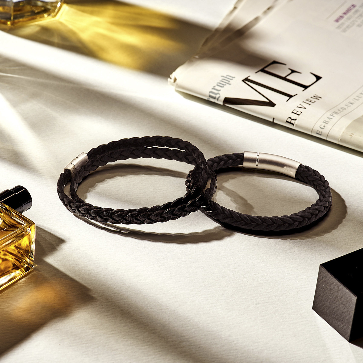 Zwart leren armband met staal
