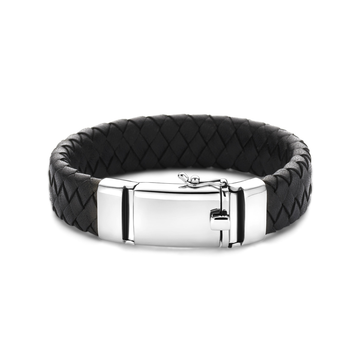 Zwart leren armband voor heren gevlochten met zilveren sluiting 15 mm breed - Lengte 21 cm