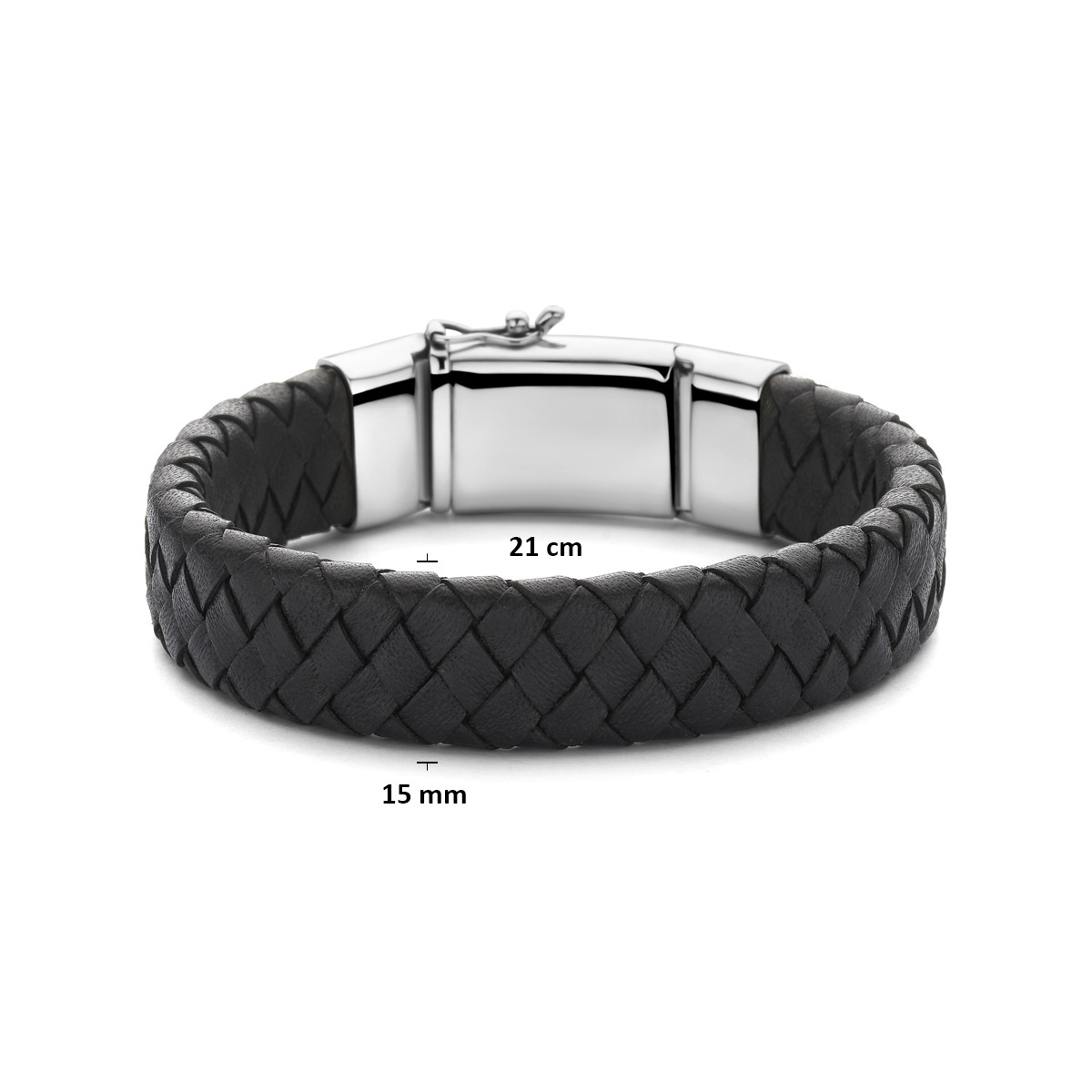 Zwart leren armband voor heren gevlochten met zilveren sluiting 15 mm breed - Lengte 21 cm