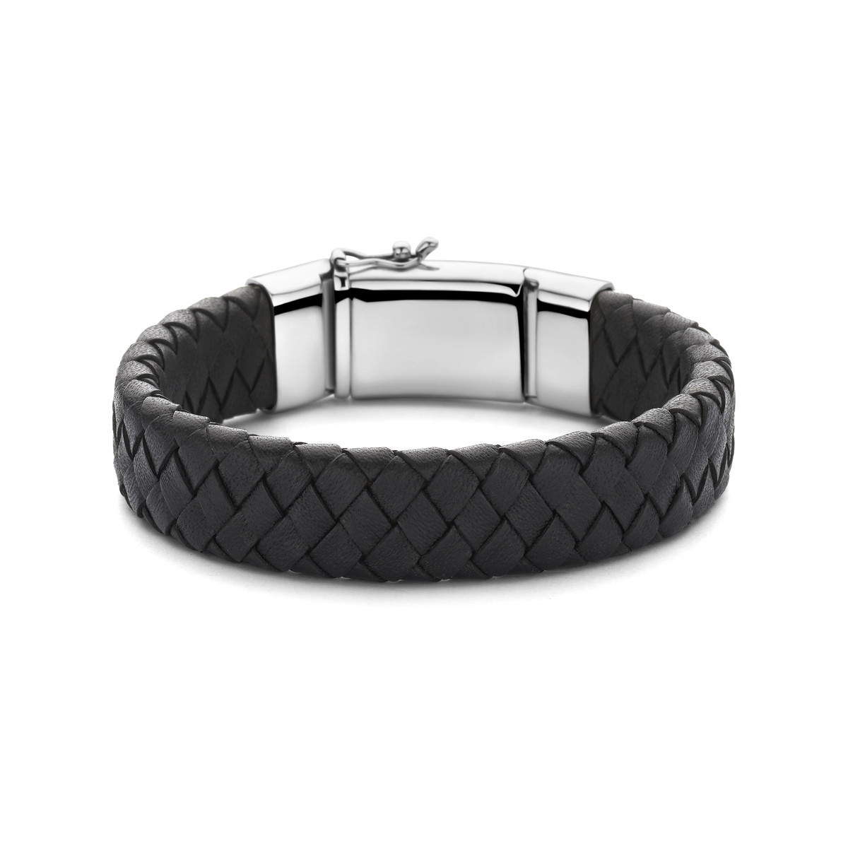 Zwart leren armband voor heren gevlochten met zilveren sluiting 15 mm breed - Lengte 21 cm