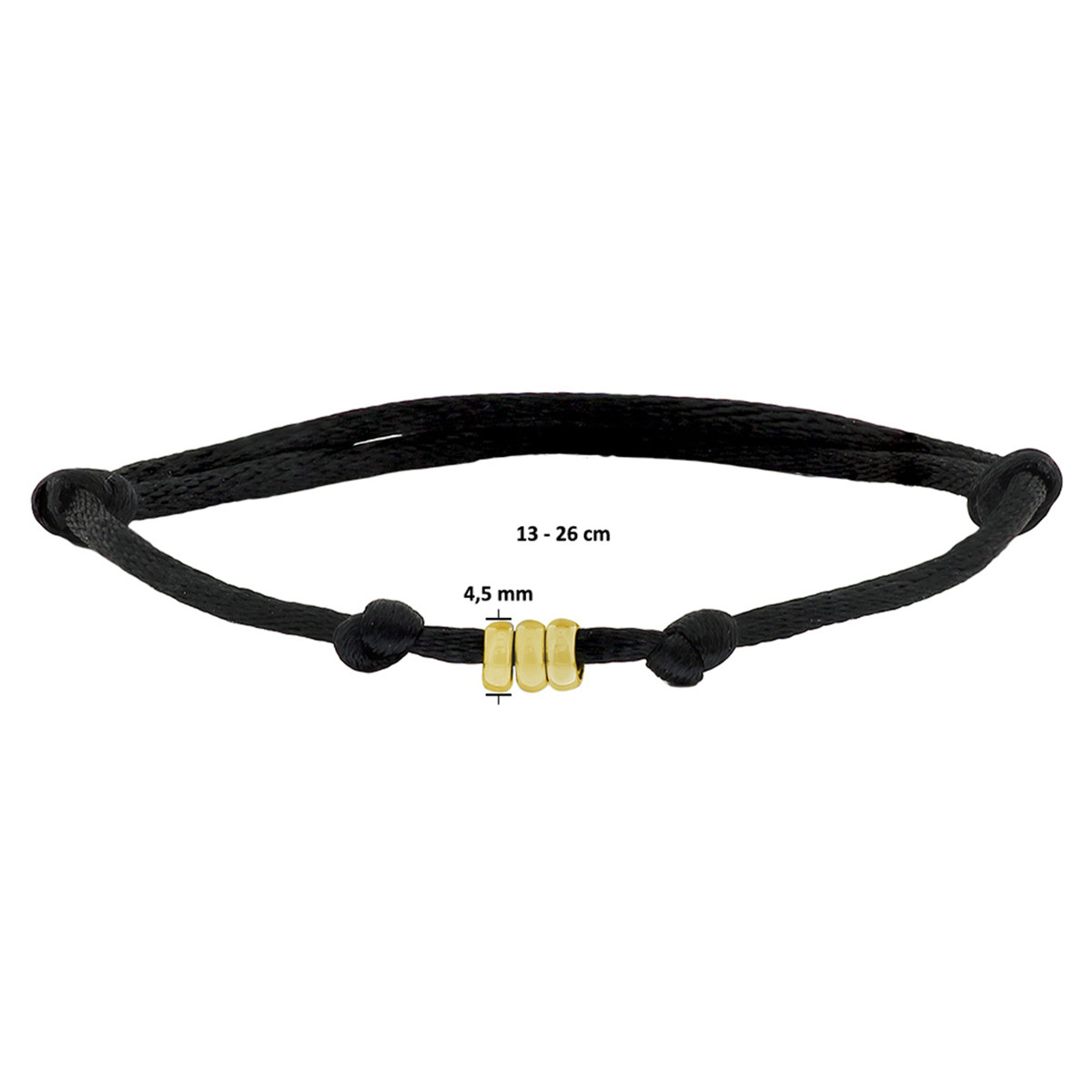 Zwart satijnen armband met drie gouden ringetjes - Lengte 13 cm - 26 cm