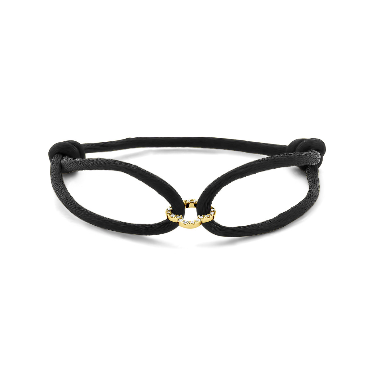 Zwarte koordarmband met 14-karaat gouden diamanten bloem 0.12 crt 10.5 mm - Lengte 13-26 cm