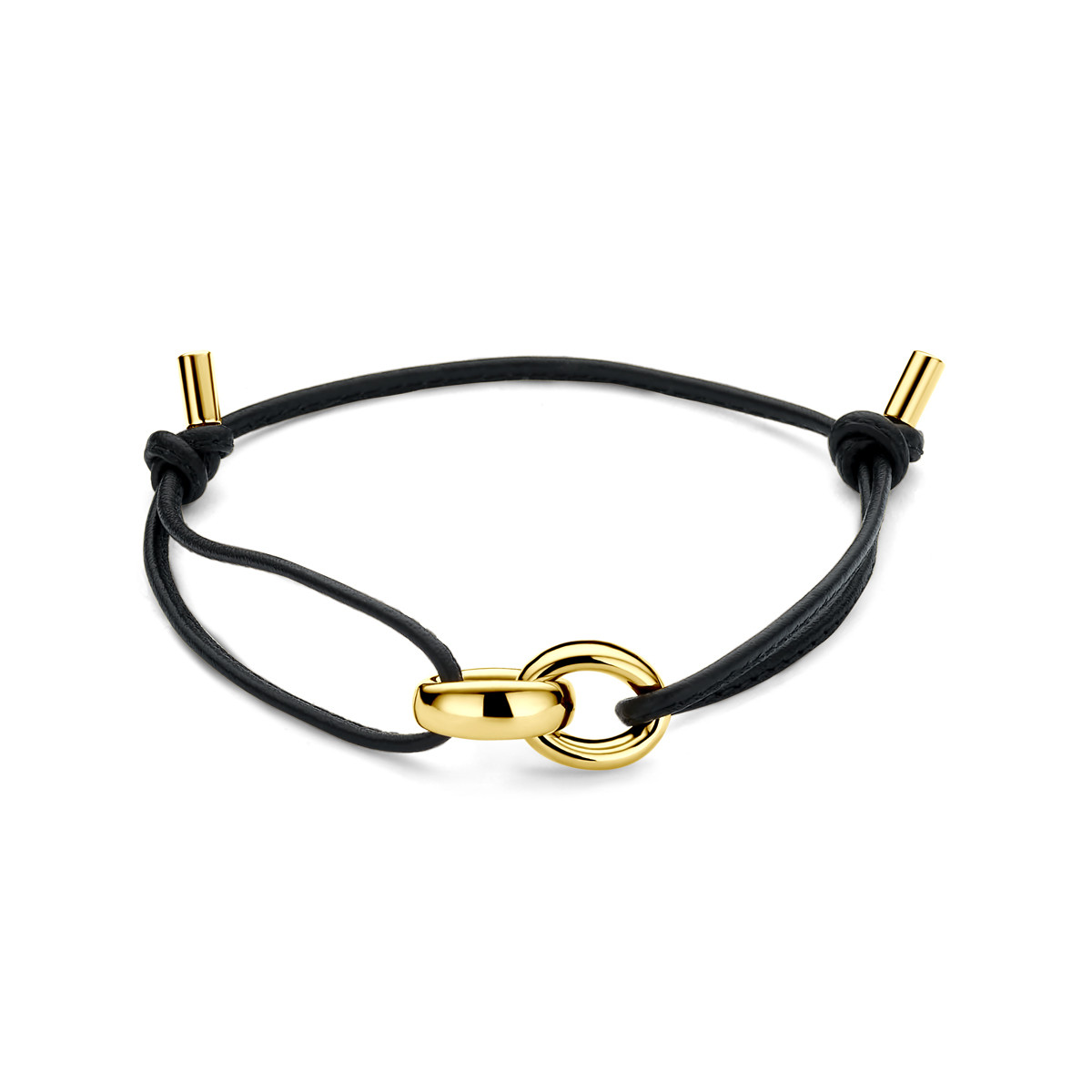 Zwarte leren armband met 18-karaat gouden verbonden cirkels 10 mm breed - Lengte 15-26 cm