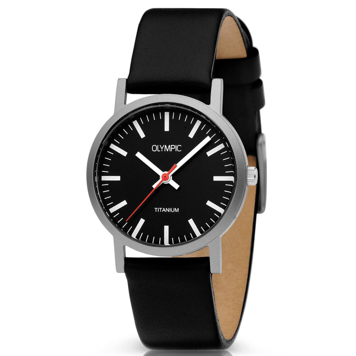Olympic Josh OL26DTL070 dameshorloge - Zwarte wijzerplaat en zwarte leren band - Ø 30 mm