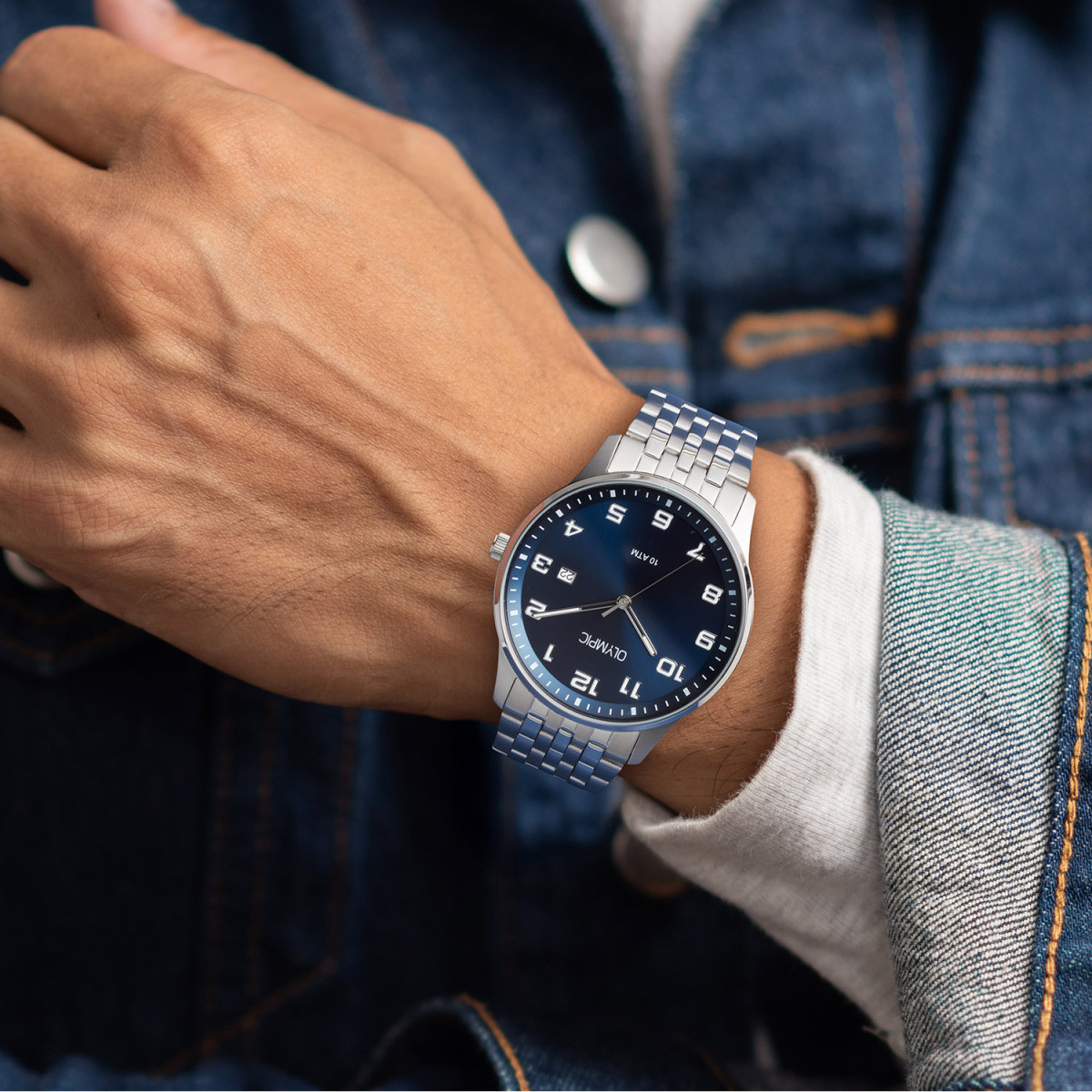 Olympic Julian OL26HSS328 herenhorloge met stalen band en blauwe wijzerplaat - Ø 42 mm