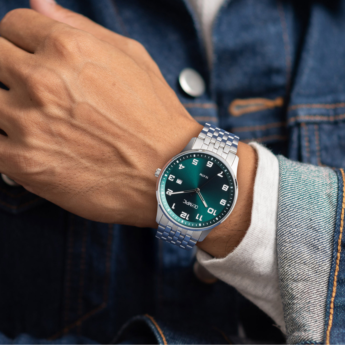 Olympic Julian OL26HSS329 herenhorloge staal met groene wijzerplaat - Ø 42 mm