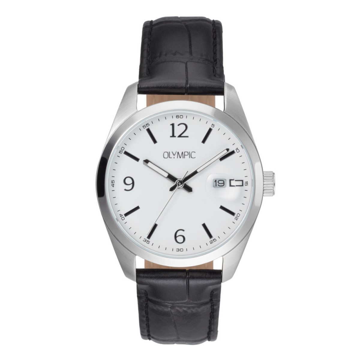 Olympic Louis OL75HSL001 Herenhorloge met zwart leren band en zilverkleurige kast - Ø 39 mm