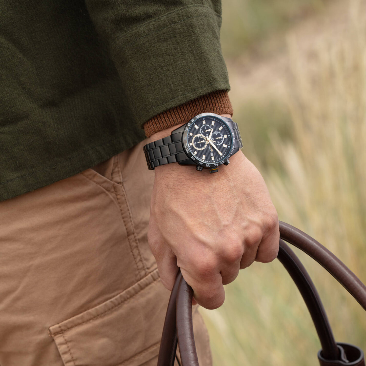 Olympic Max OL72HGG001 herenhorloge - Gunmetal met zwarte wijzerplaat en stalen band - Ø 44 mm