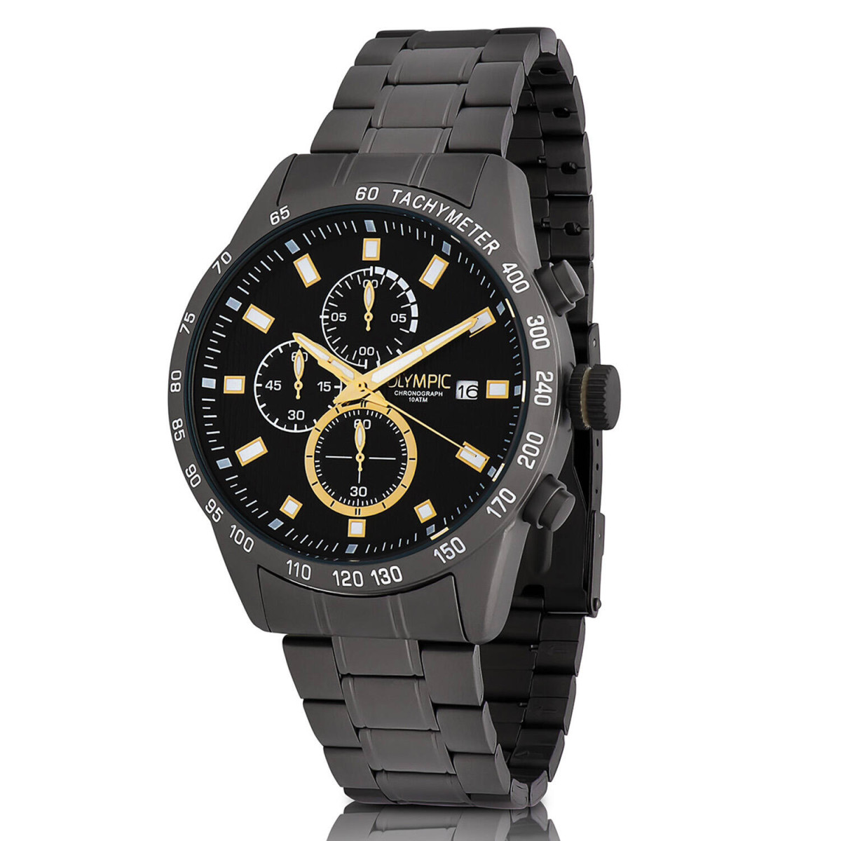 Olympic Max OL72HGG001 herenhorloge - Gunmetal met zwarte wijzerplaat en stalen band - Ø 44 mm