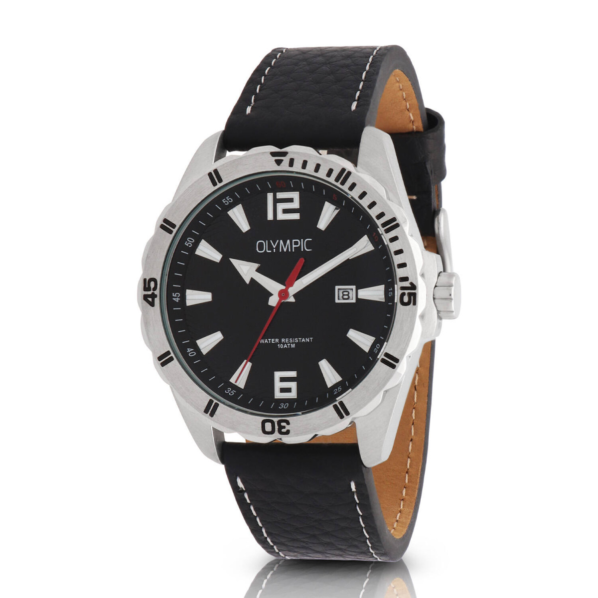 Olympic Pieter OL72HSL081 herenhorloge - Zwart met zwarte leren band - Ø 43 mm