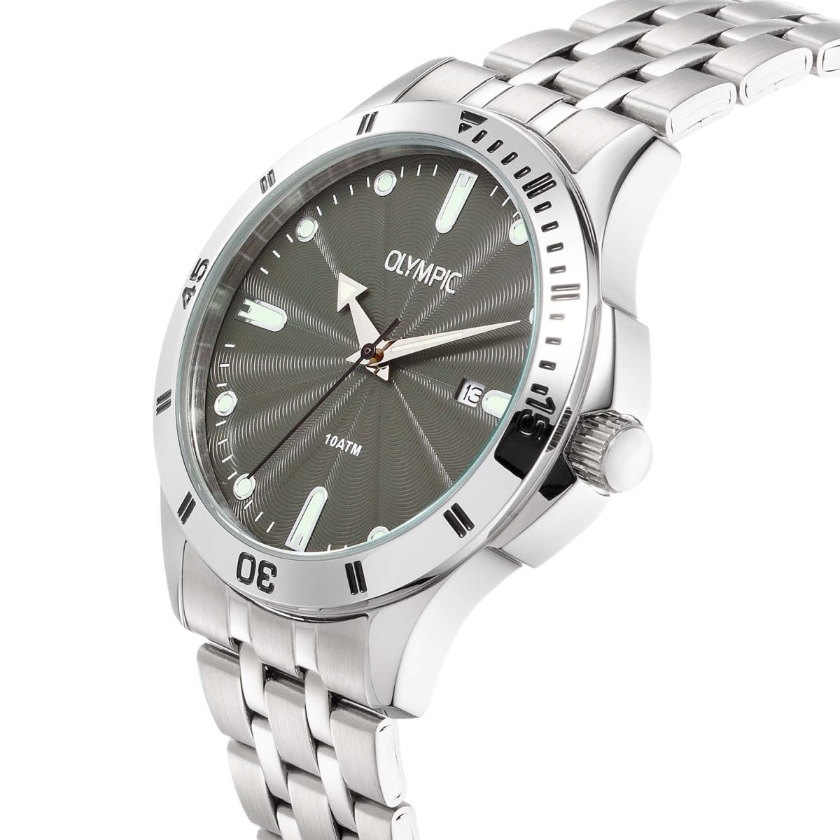 Olympic Quinn OL72HSS408 Herenhoroge groene wijzerplaat met stalen schakelband - Ø 41 mm