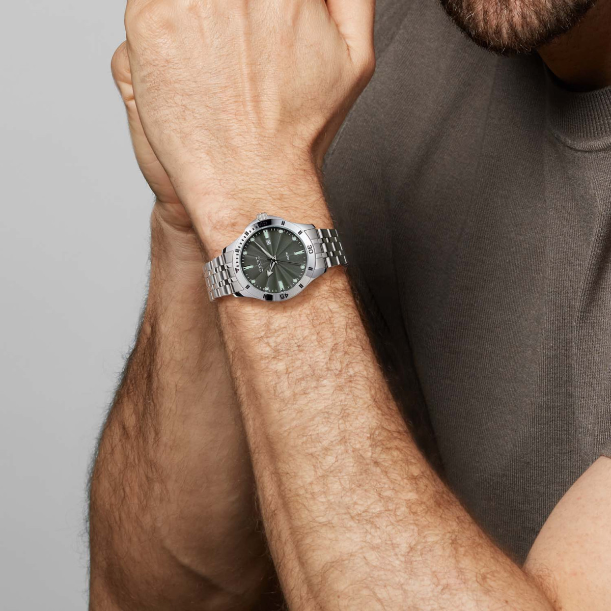 Olympic Quinn OL72HSS408 Herenhoroge groene wijzerplaat met stalen schakelband - Ø 41 mm