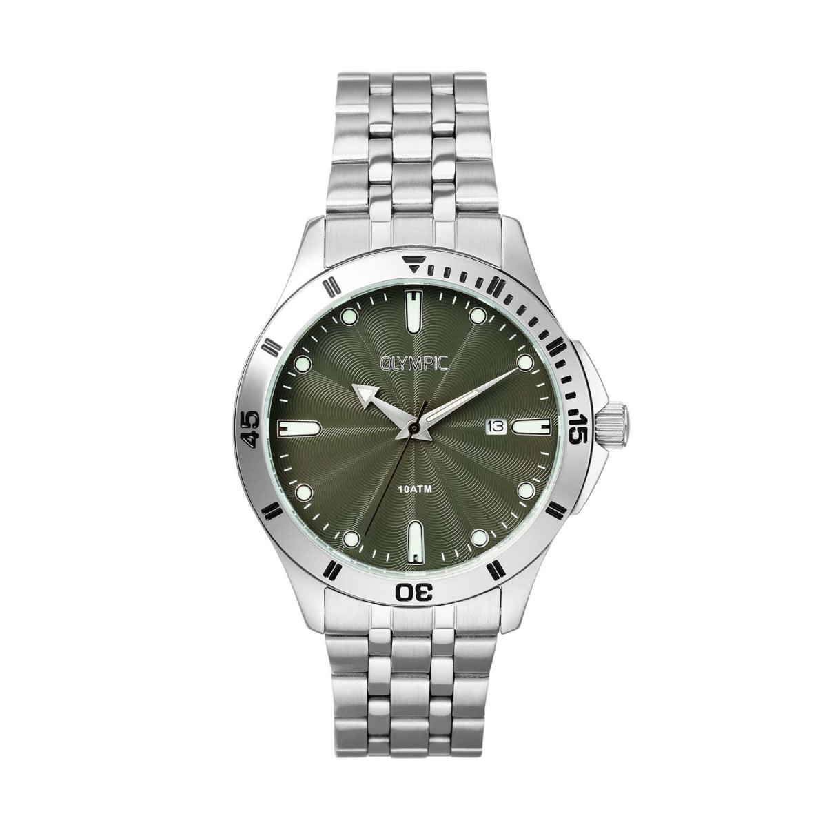Olympic Quinn OL72HSS408 Herenhoroge groene wijzerplaat met stalen schakelband - Ø 41 mm