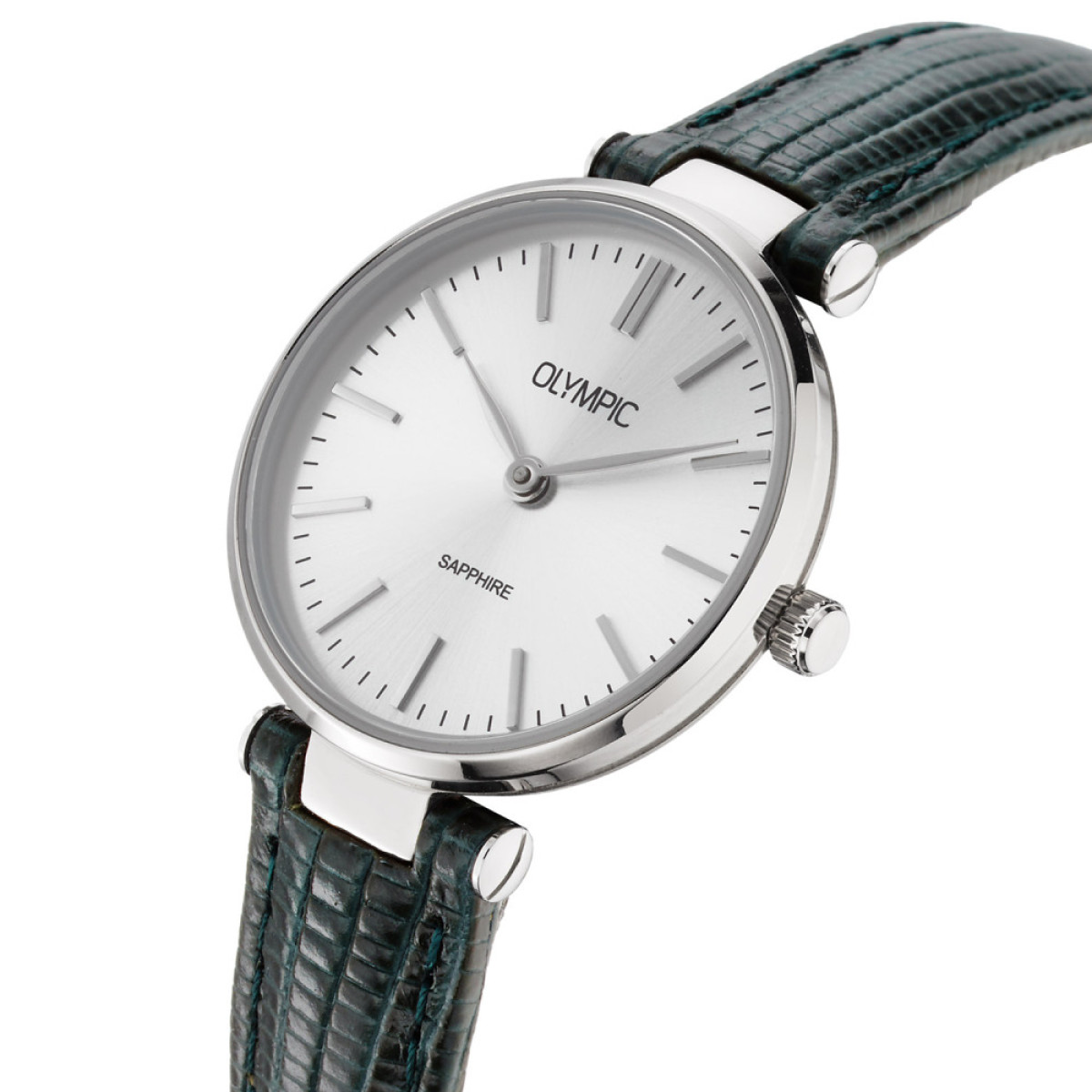 Olympic Titanium OL80DTL001 Dameshorloge met zilverkleurige wijzerplaat en groene leren band