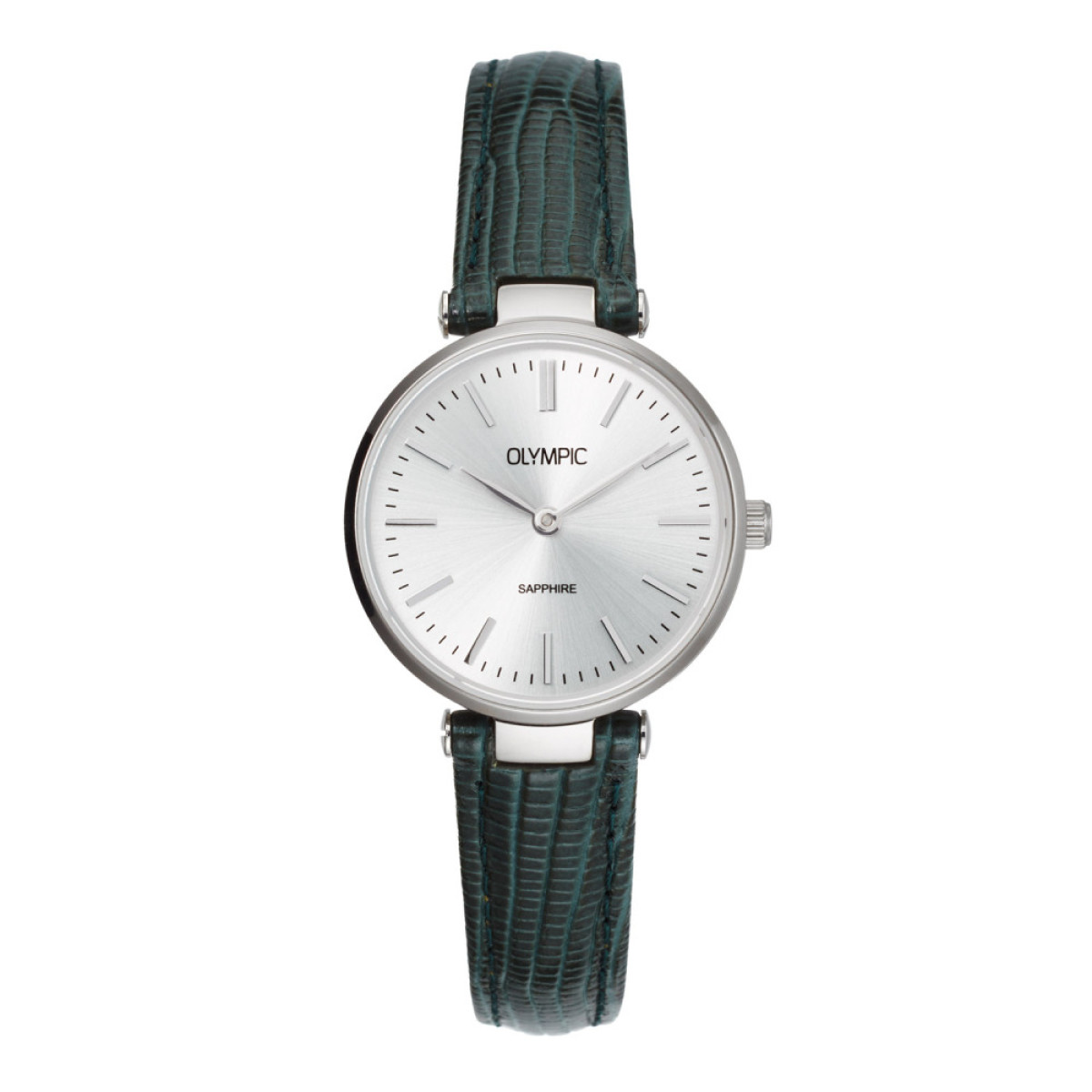 Olympic Titanium OL80DTL001 Dameshorloge met zilverkleurige wijzerplaat en groene leren band