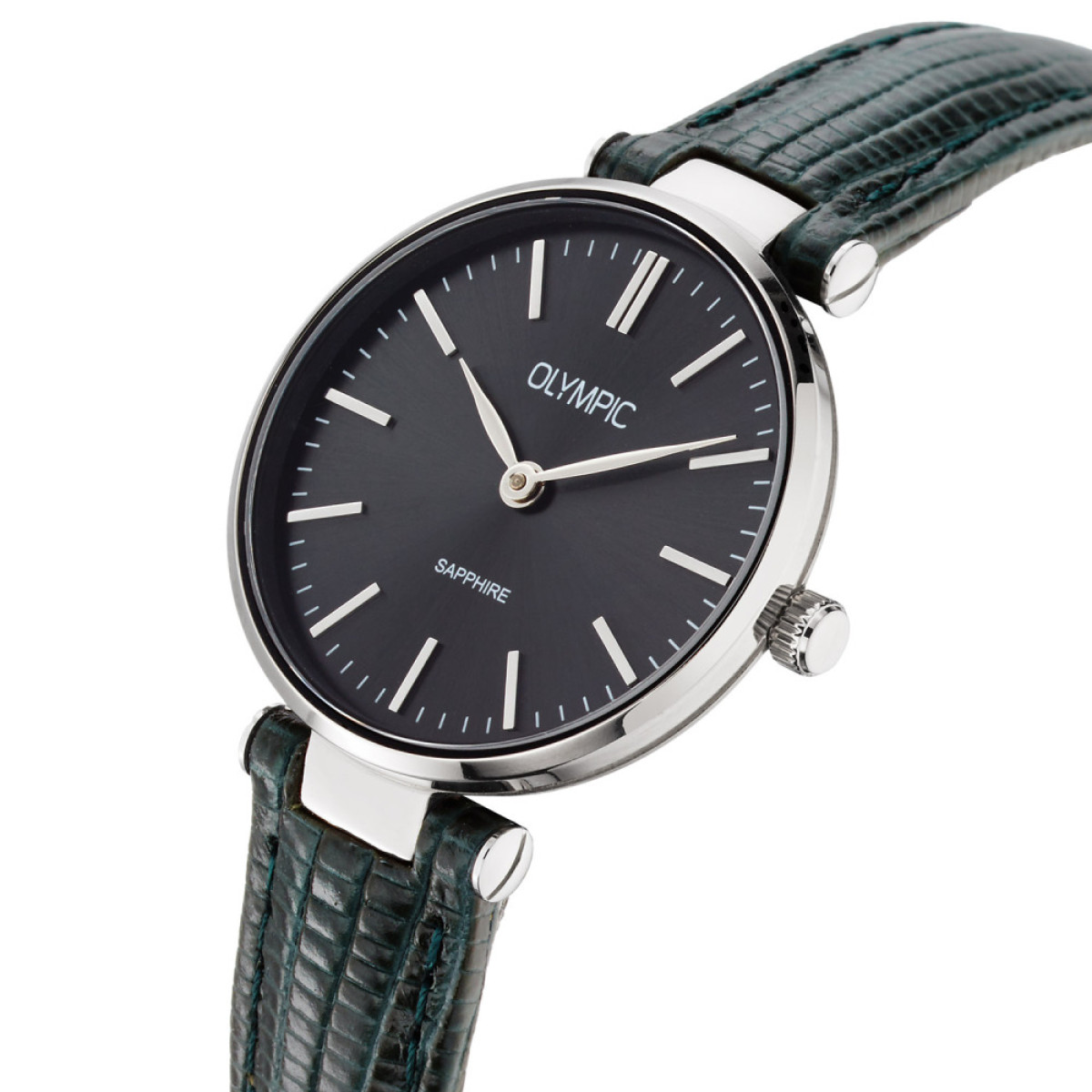 Olympic Titanium OL80DTL002 Dameshorloge met groene leren band en zilverkleurige kast - Ø 28 mm