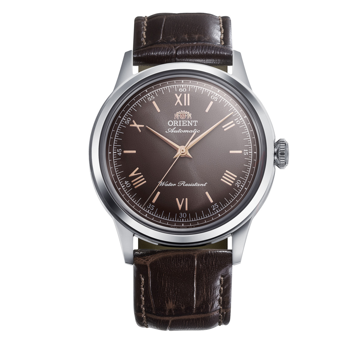 Orient Bambino RA-BB0004Y30B bruin automatisch horloge met stalen kast en rosékleurige wijzers - Ø 38 mm