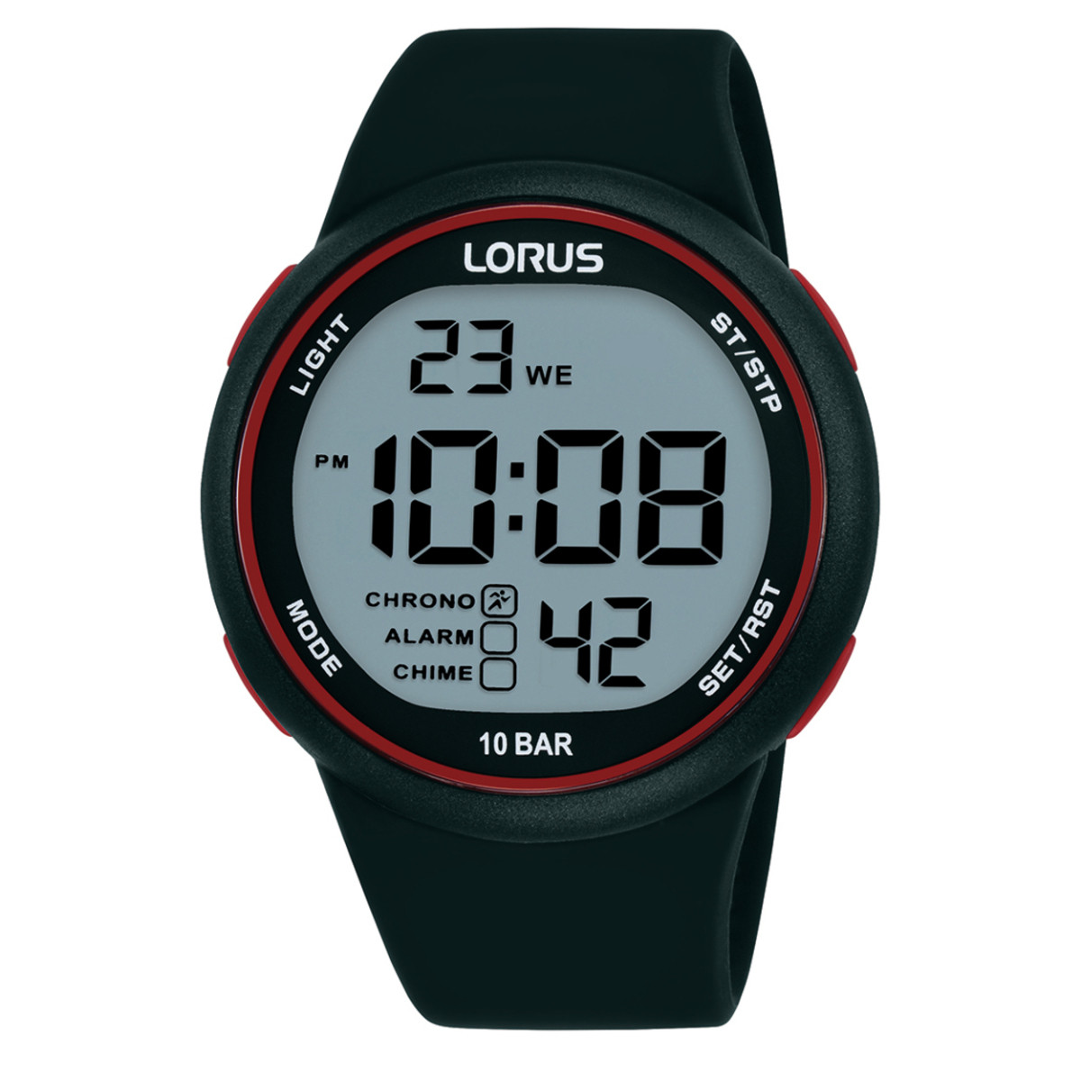 Lorus R2345QX9 digitaal herenhorloge met zwarte siliconen band en rode ring - Ø 44 mm