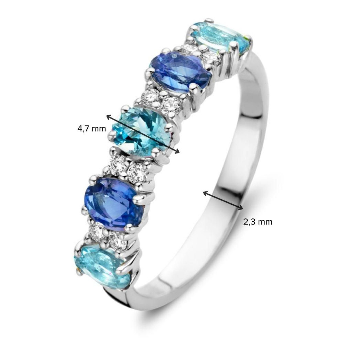 Witgouden ring met diamant  blauwe saffier en blauwe aquamarijn