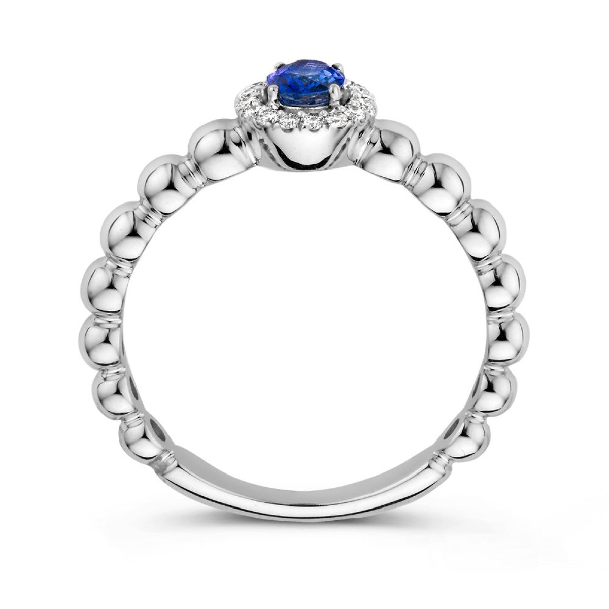 Witgouden entourage ring met diamant  saffier en bolletjes