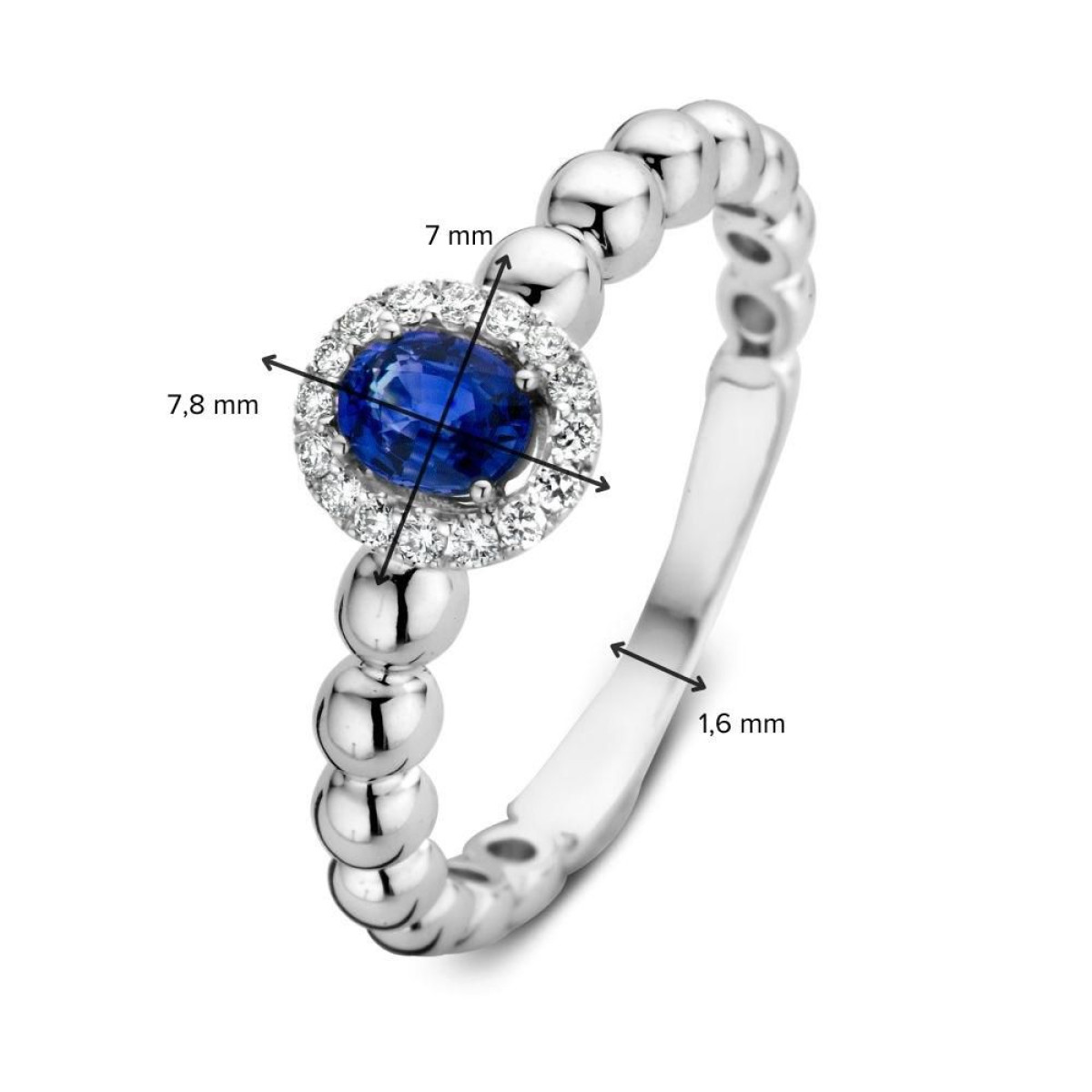 Witgouden entourage ring met diamant  saffier en bolletjes