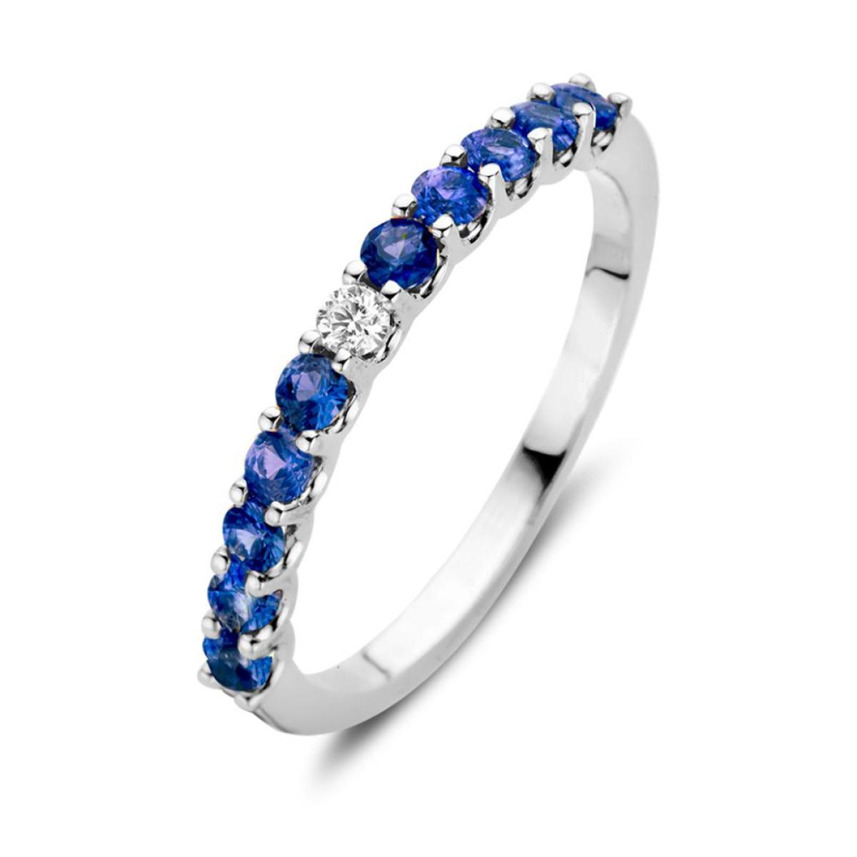 Witgouden ring met diamant in het midden en blauwe saffier langs de rand