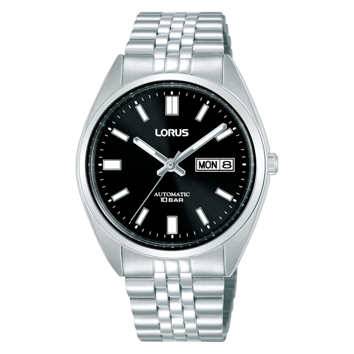 Lorus RL427CX9 automatisch herenhorloge met zilverkleurige stalen schakels en zwarte wijzerplaat - Ø 39 mm