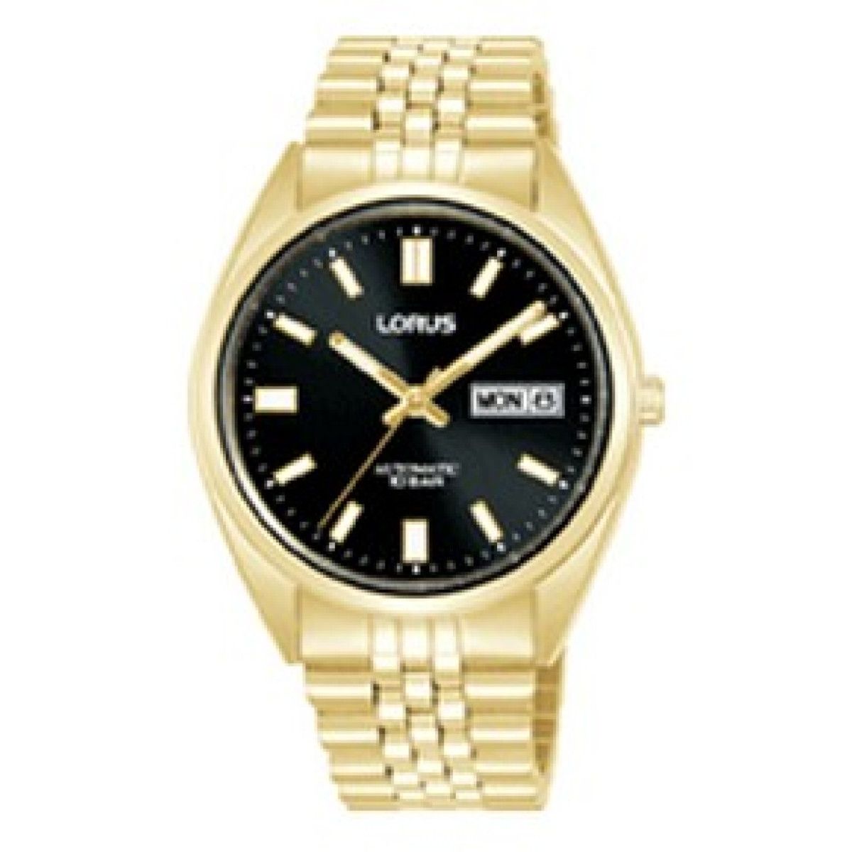Lorus RL434CX9 automatisch herenhorloge met gold plated stalen schakelband en zwarte wijzerplaat - Ø 39 mm