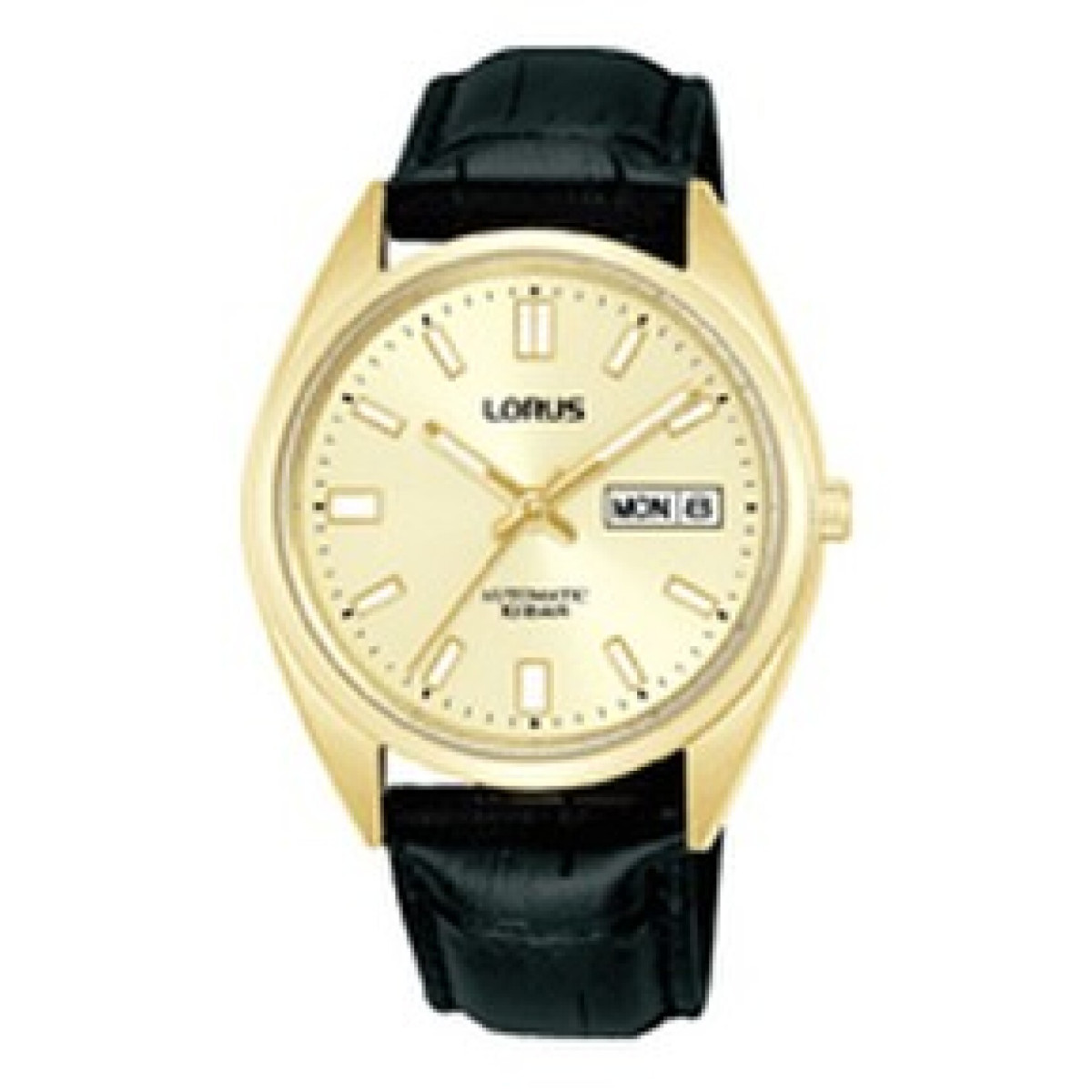 Lorus RL436CX9 automatisch herenhorloge met vergulde ronde kast en zwarte leren band - Ø 39 mm