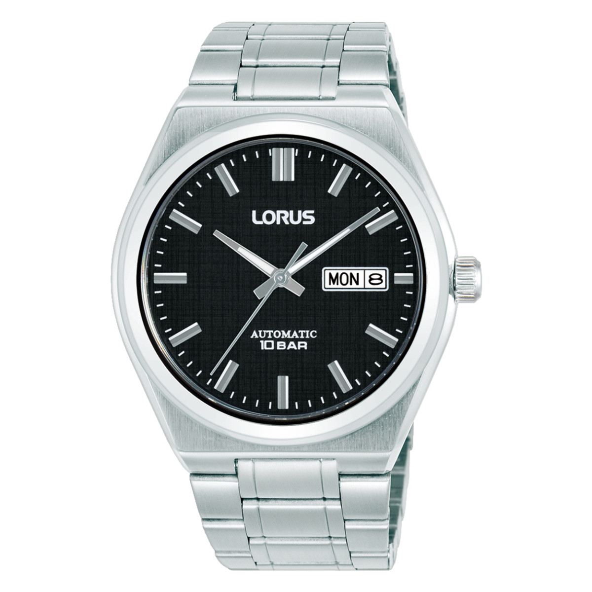 Lorus RL437CX9 automatisch herenhorloge met zwarte wijzerplaat en zilverkleurige stalen schakelband - Ø 41 mm