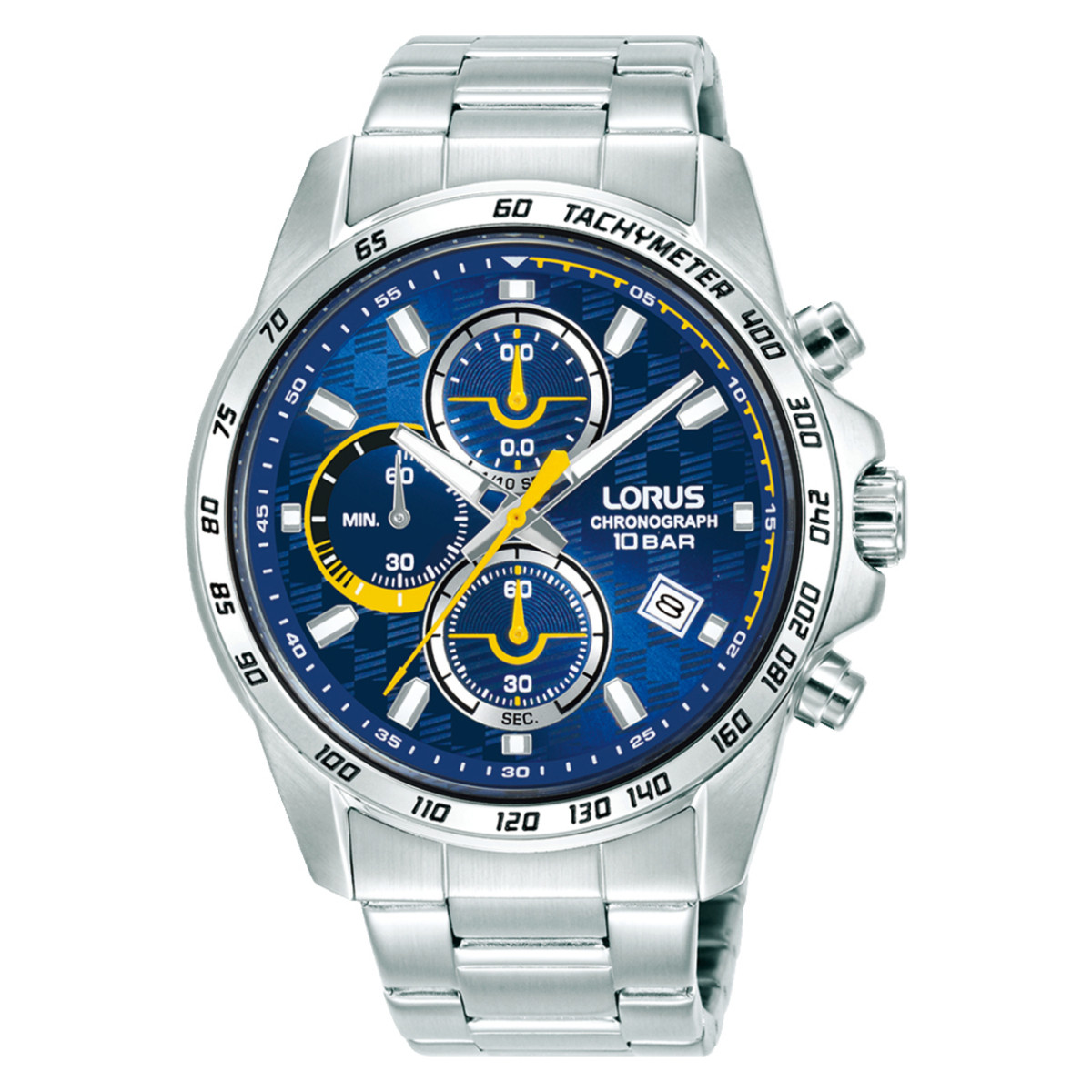 Lorus RM307KX9 chronograaf herenhorloge met stalen schakelband en blauw gele wijzerplaat - Ø 43 mm