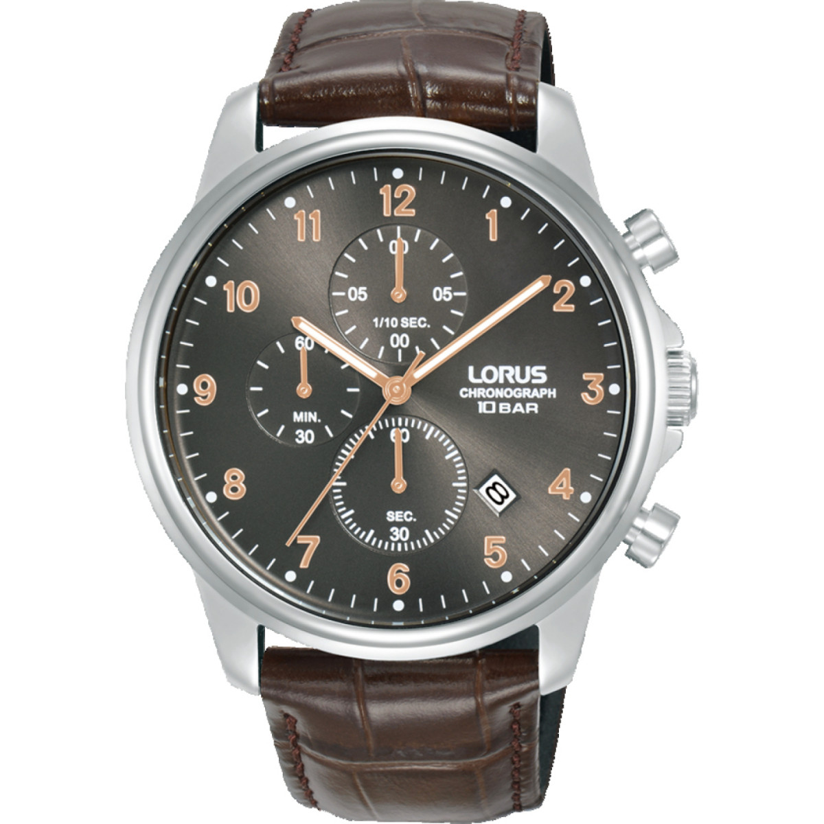 Lorus RM343JX9 zilverkleurig chronograaf herenhorloge met bruine wijzerplaat en leren band - Ø 43 mm