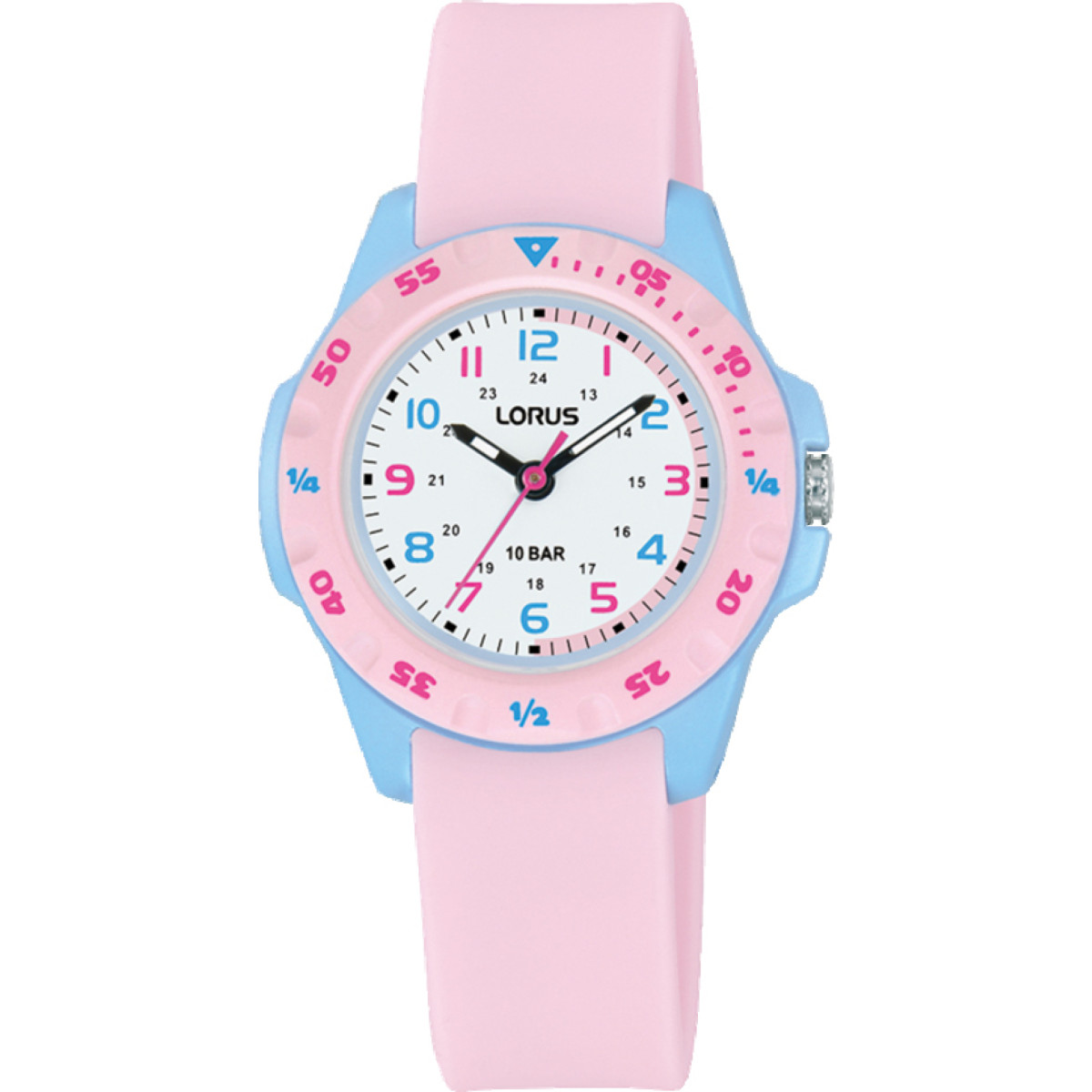 Lorus Young RRX67JX9 kinderhorloge met roze siliconen band met kunststof kast in roze en blauw - Ø 30 mm