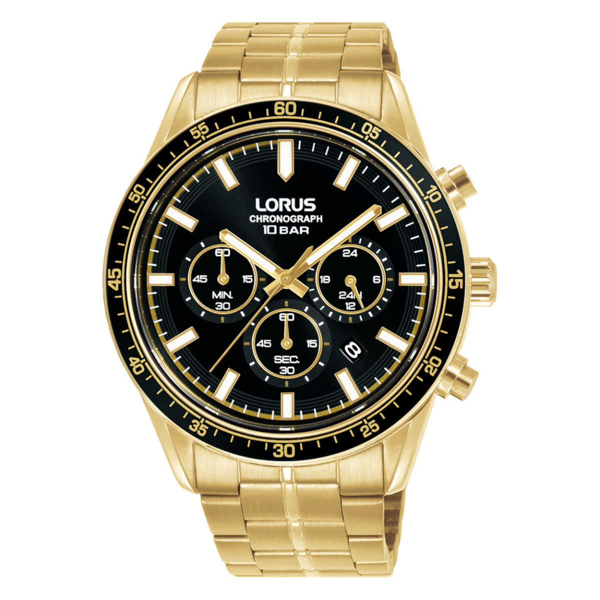 Lorus RT350LX9 chronograaf herenhorloge met goudkleurige stalen schakelband en zwarte wijzerplaat - Ø 43 mm