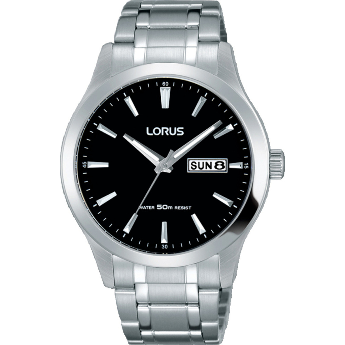 Lorus RXN23DX5 herenhorloge met zilverkleurige stalen band en zwarte wijzerplaat 40 mm