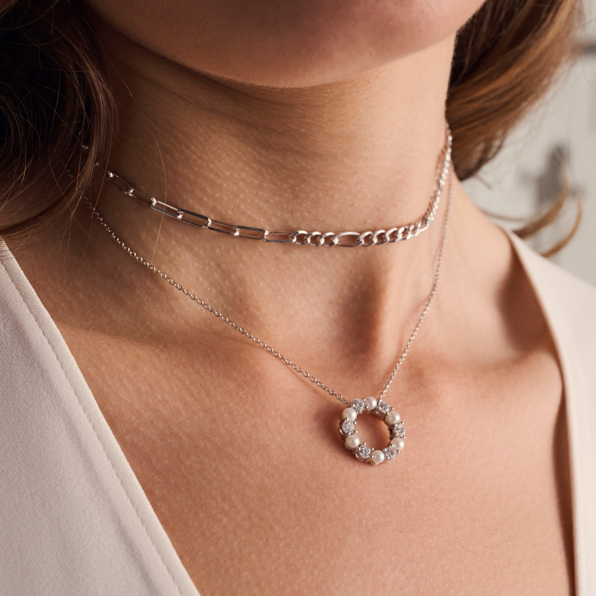 Sif Jakobs Biella SJ-N2432-PCZ zilveren ketting met parel en zirkonia hanger - Lengte