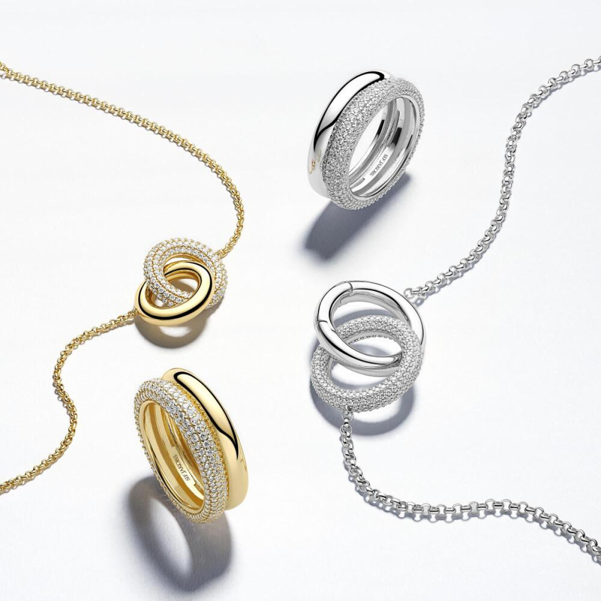 Sif Jakobs Carrara Due Grande SJ-N2476-CZ-YG Zilveren goldplated ketting met ringen en zirkonia - 45 cm